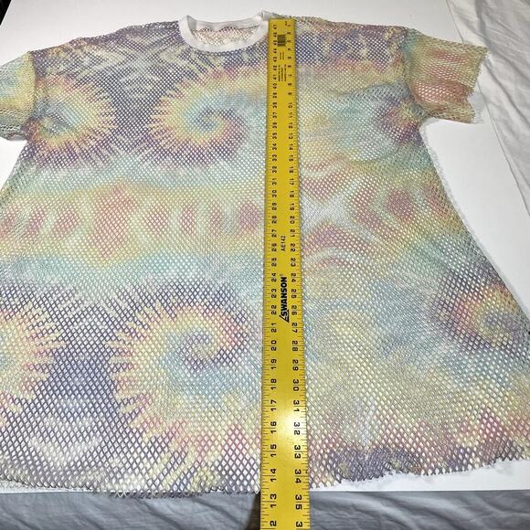 Womens Tie Dye Sheer Mesh Rainbow Oversized Stretchy Short Sleeve Coverup Tee - Picture 5 of 7
